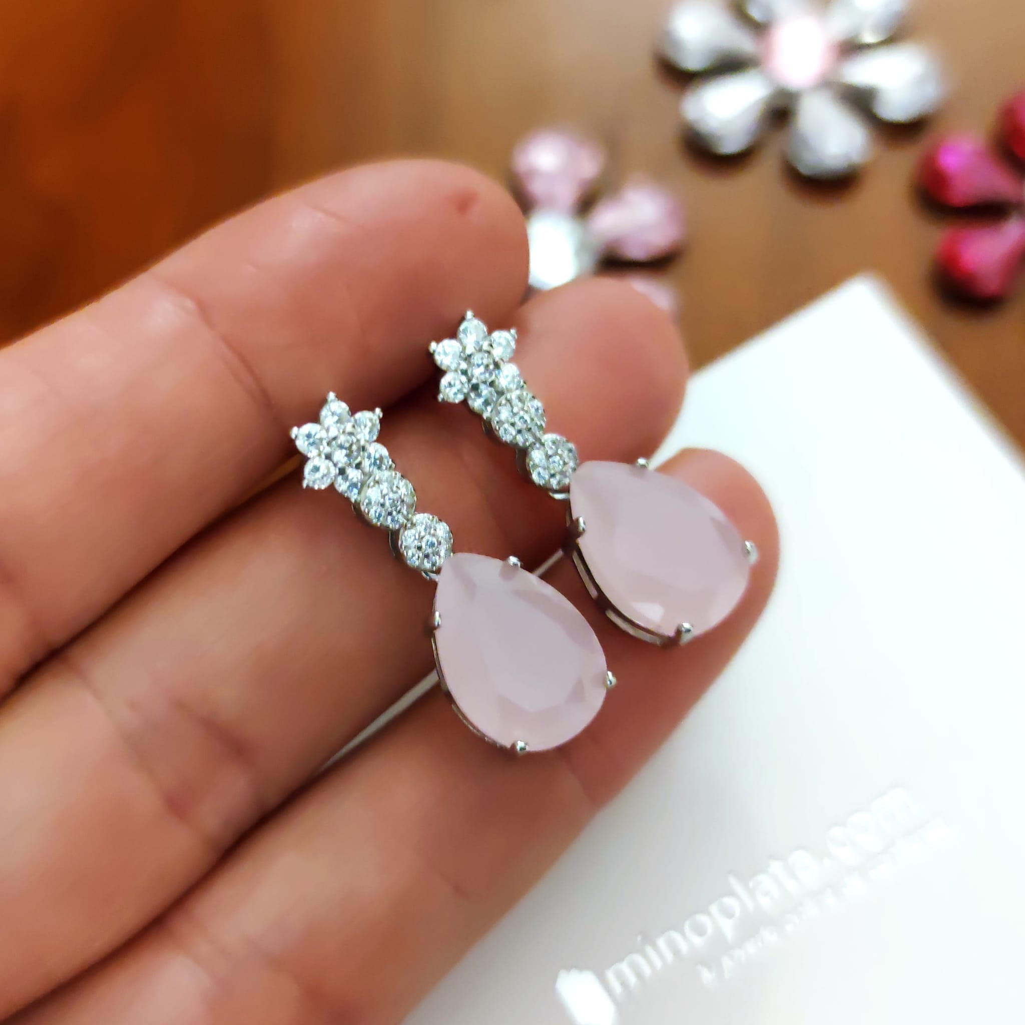 Pendientes de fiesta lágrima rosa con Circonitas en Plata de ley