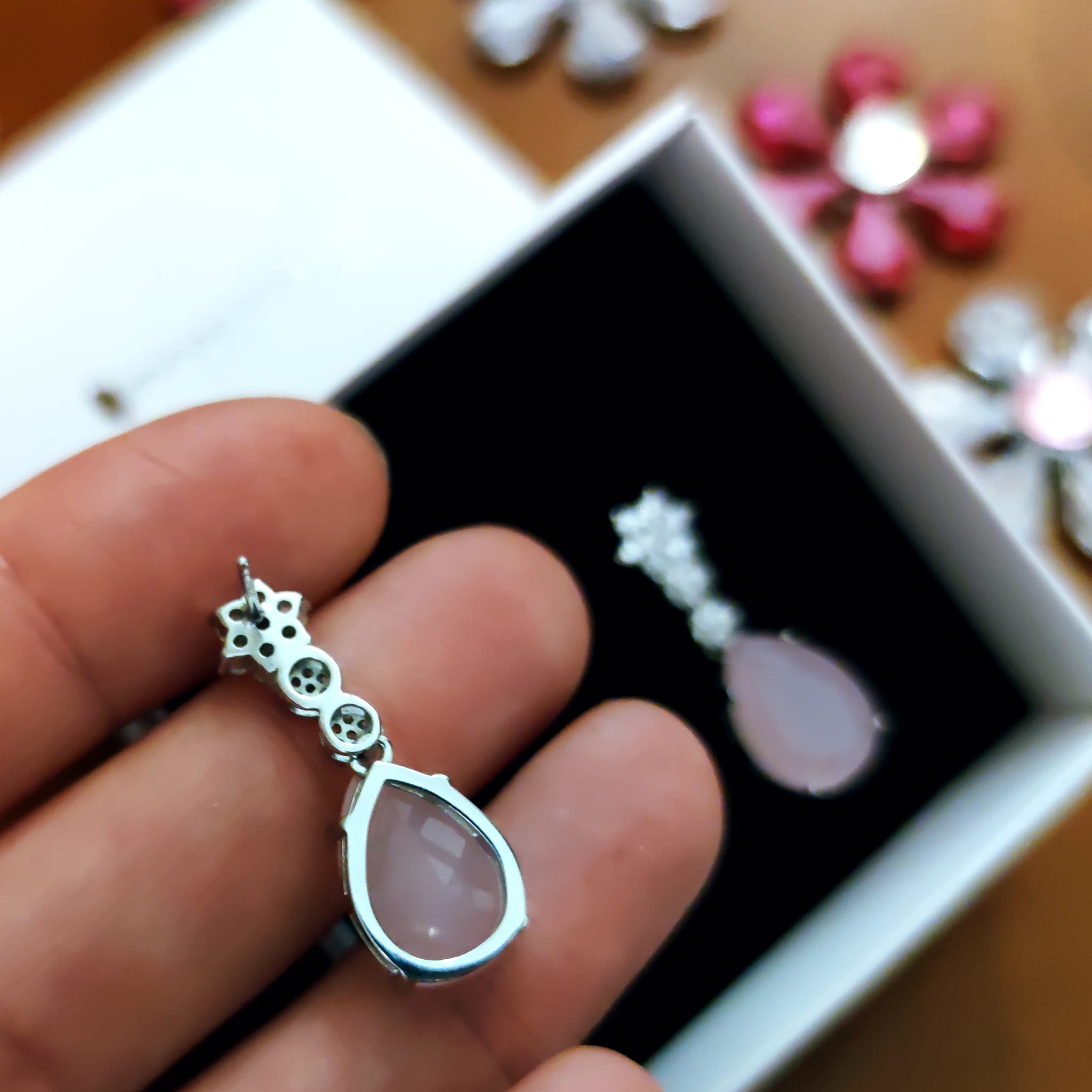 Pendientes de fiesta lágrima rosa con Circonitas en Plata de ley 2