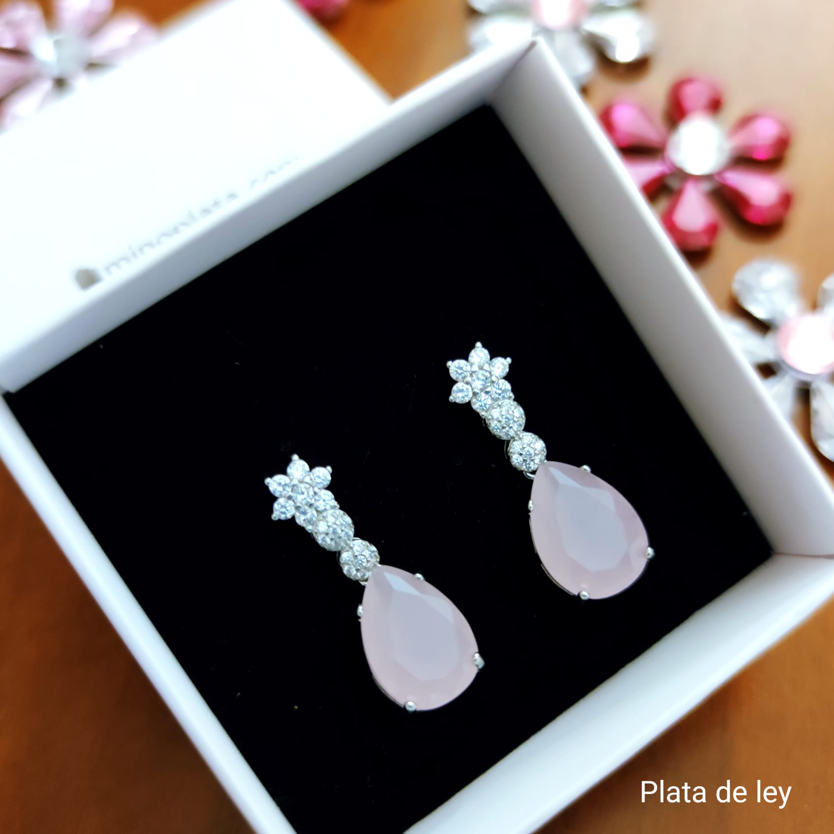 Pendientes de fiesta lágrima rosa con Circonitas en Plata de ley 3