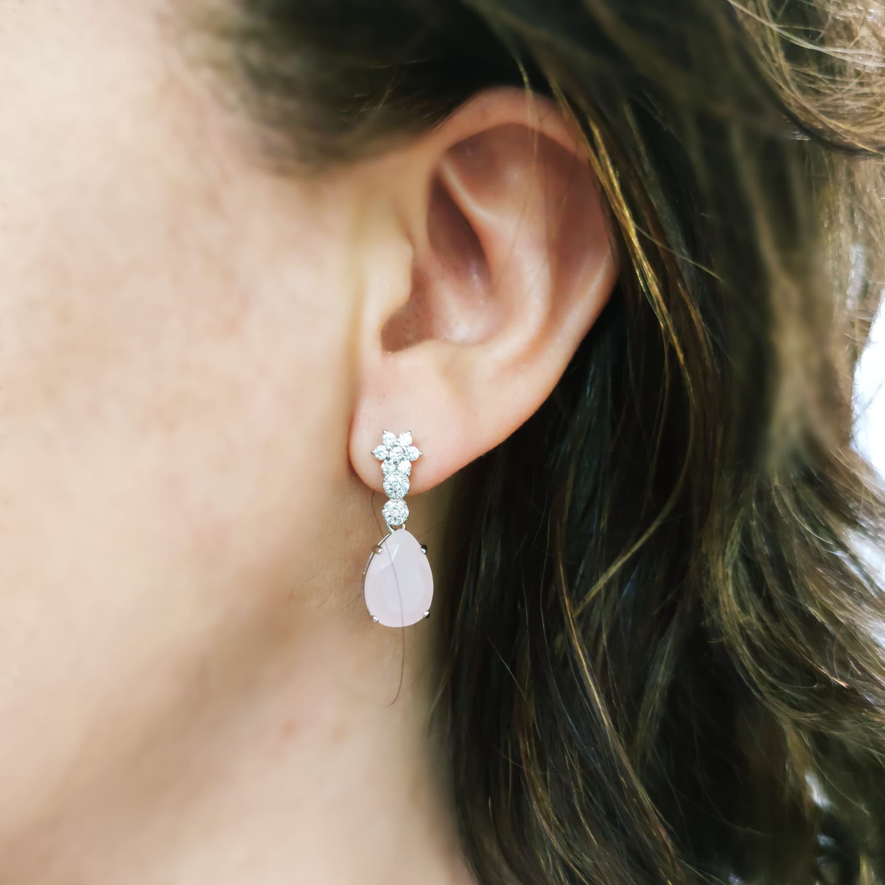 Pendientes de fiesta lágrima rosa con Circonitas en Plata de ley 4