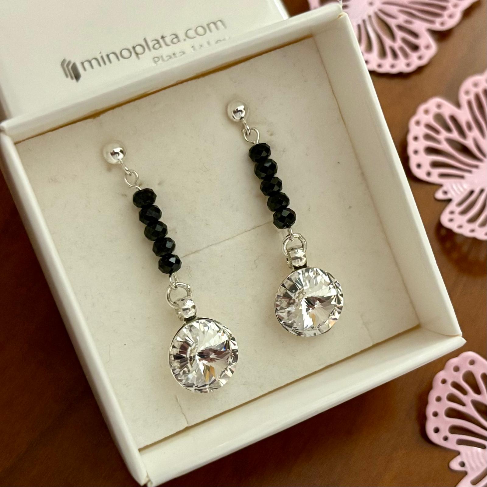 Pendientes largos de Plata de ley 925 con Piedras semipreciosas negras y Cristal SW blanco 2
