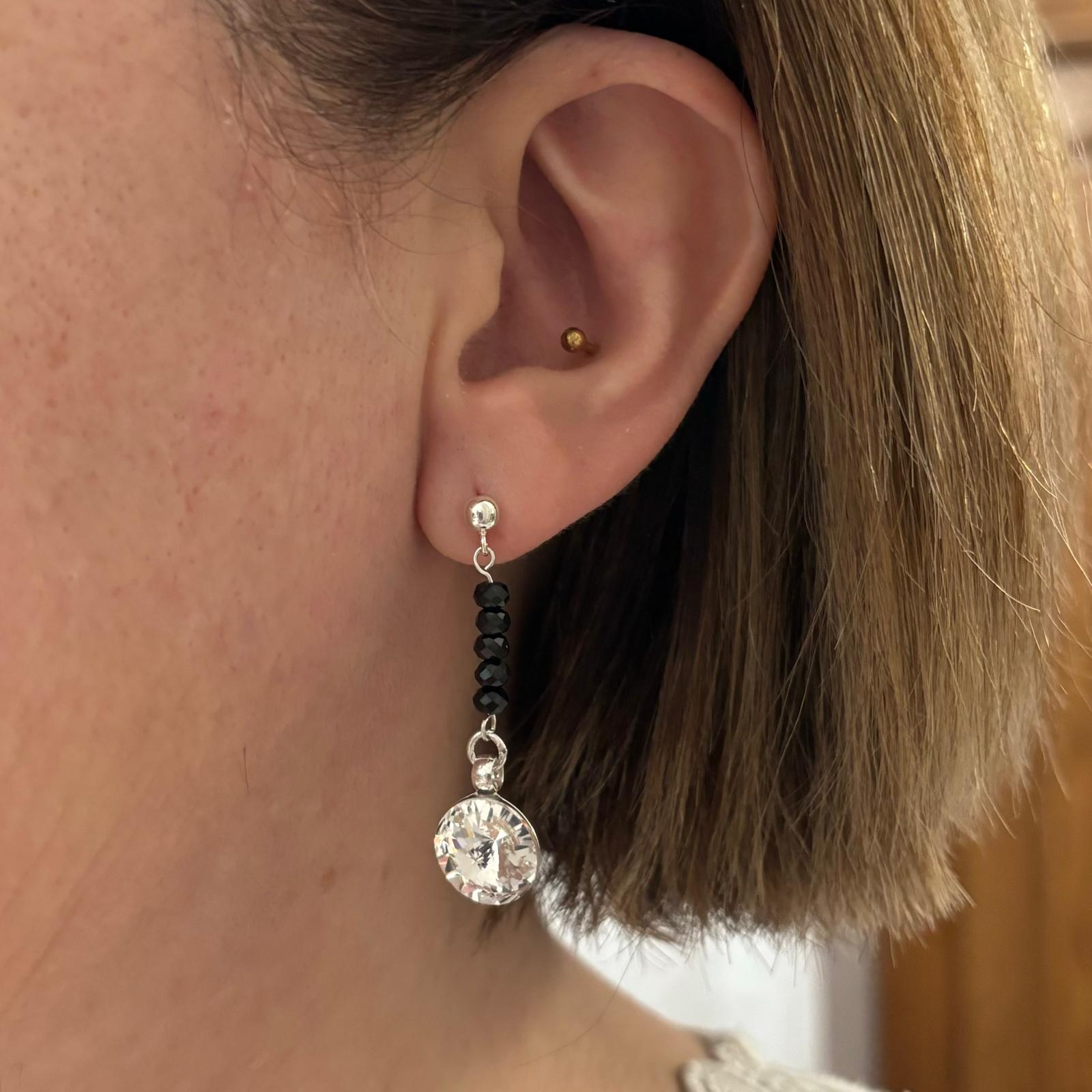 Pendientes largos de Plata de ley 925 con Piedras semipreciosas negras y Cristal SW blanco 3
