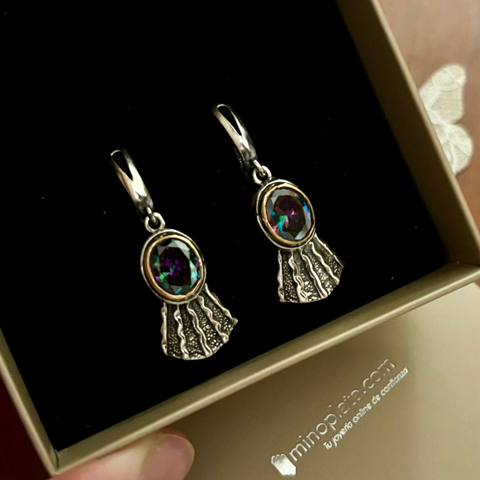Pendientes largos de Plata vieja con latón y piedra Topacio místico 2