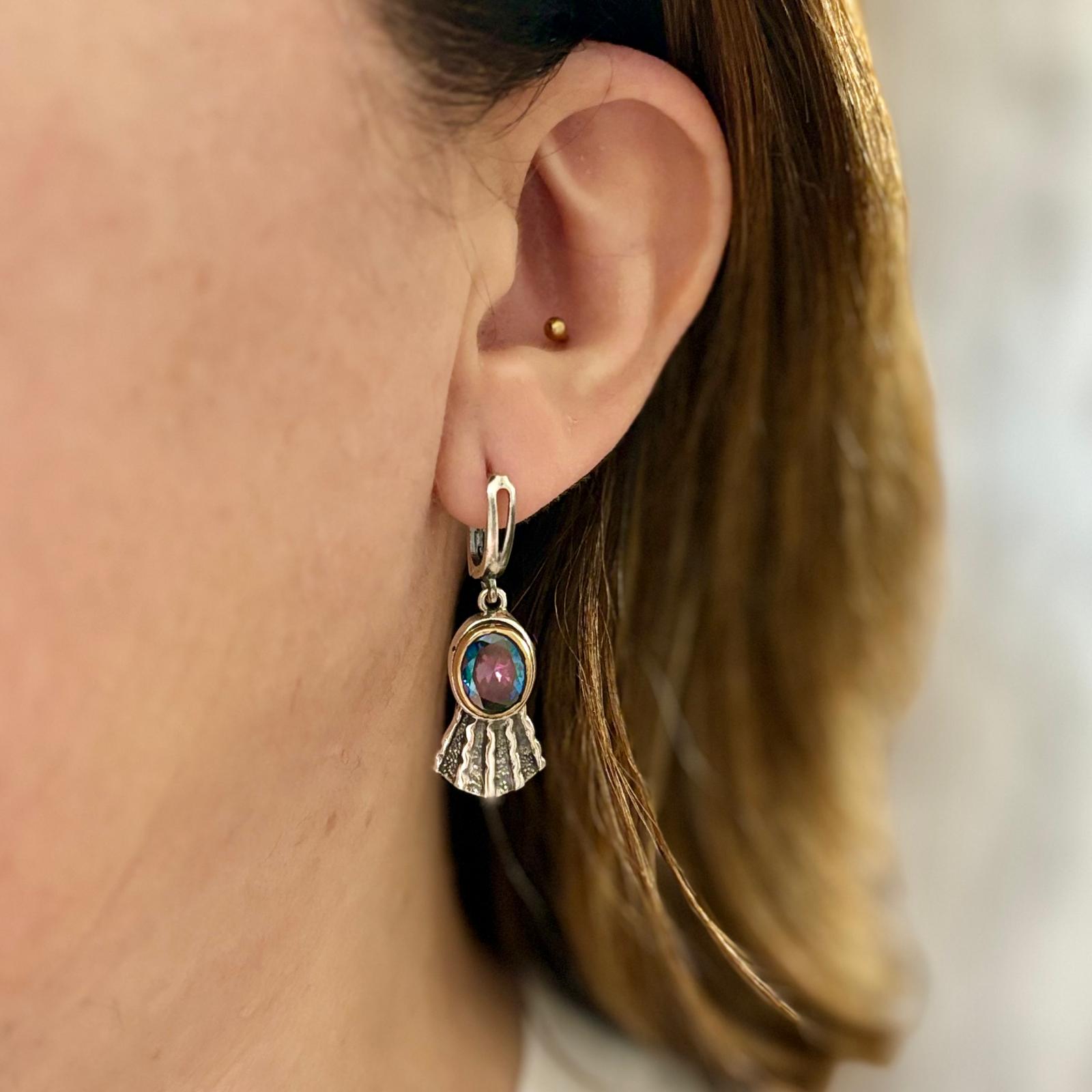 Pendientes largos de Plata vieja con latón y piedra Topacio místico 3
