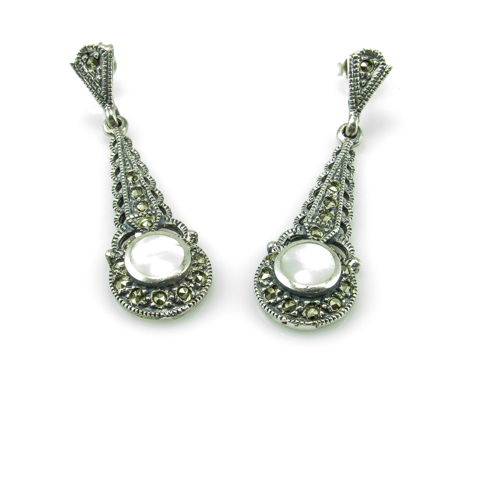 Pendientes de novia en Plata de ley vieja con Nácar y Marcasitas