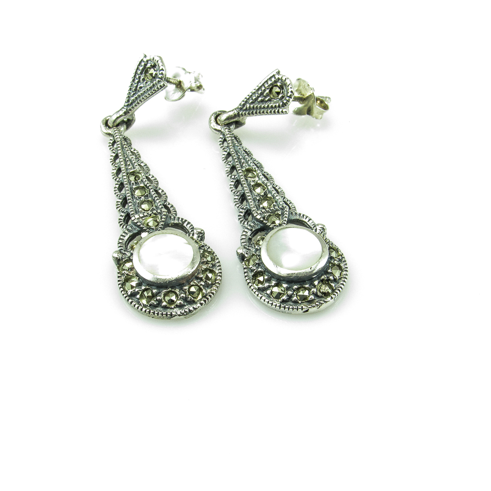 Pendientes de novia en Plata de ley vieja con Nácar y Marcasitas 1