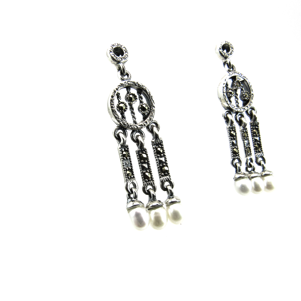 Pendientes largos mujer de Plata vieja con Perlas y Marcasitas