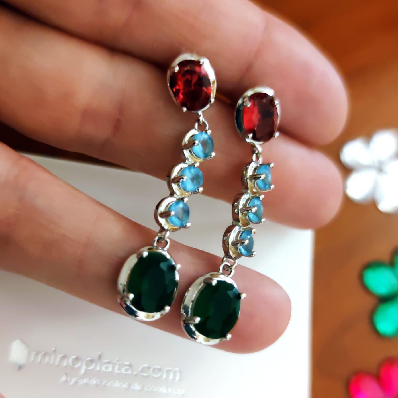 Pendientes largos de Plata de ley con Circonitas de colores