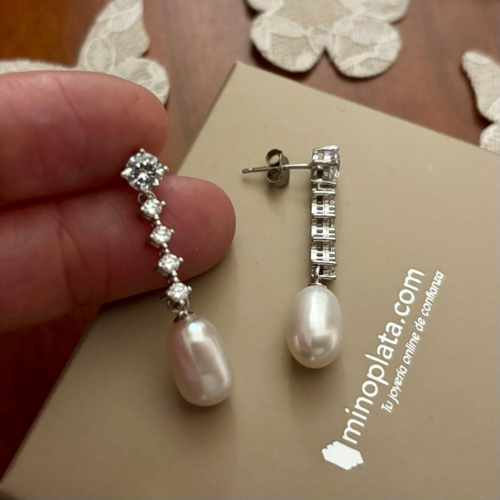 Pendientes novia Plata rodiada Circonitas y Perlas
