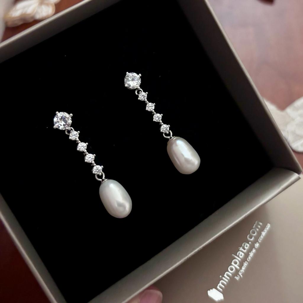 Pendientes novia Plata rodiada Circonitas y Perlas 2