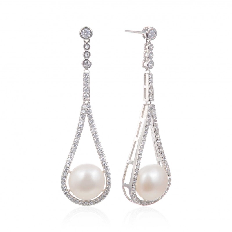 Pendientes largos de Plata con Perlas cultivadas y Circonitas
