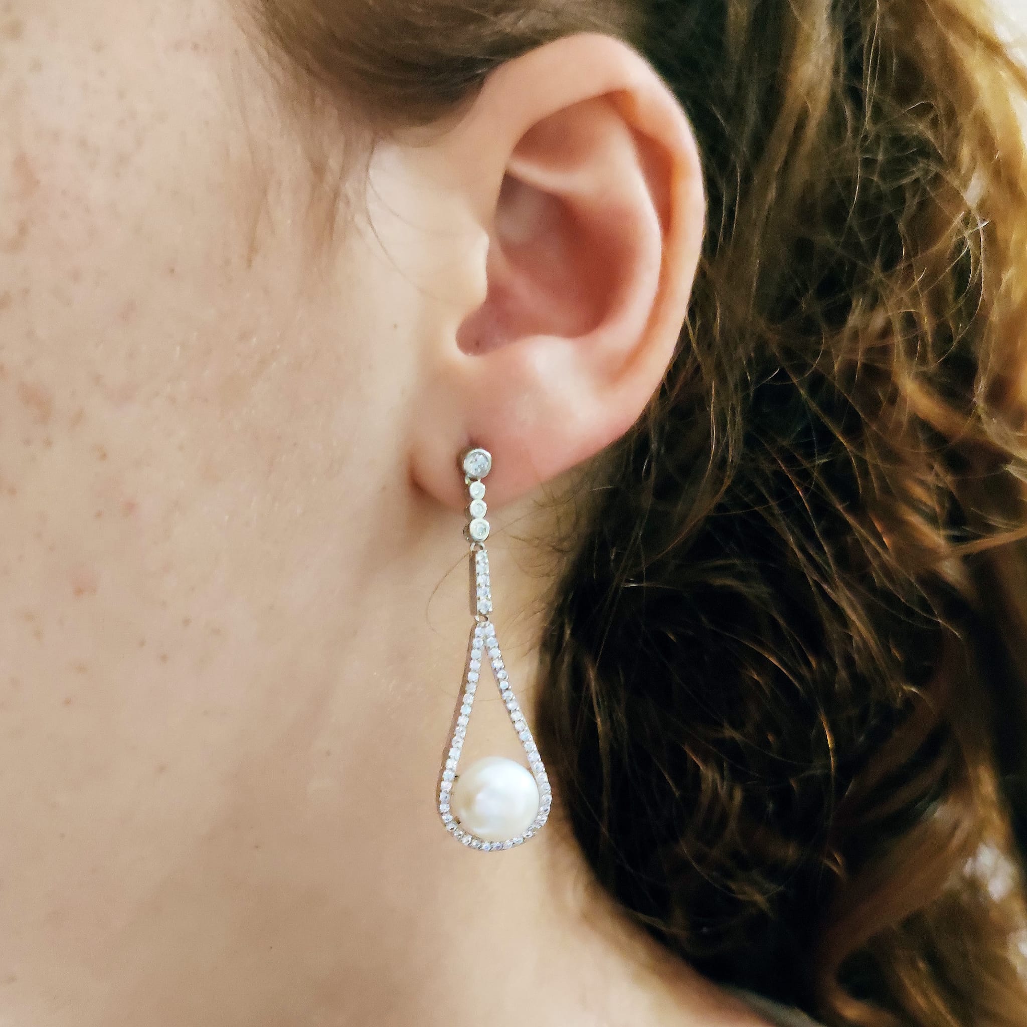 Pendientes largos de Plata con Perlas cultivadas y Circonitas 1