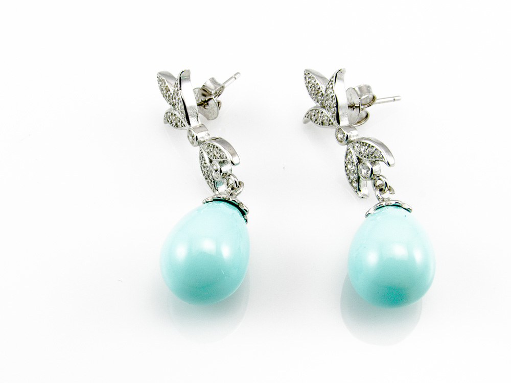 Pendientes de Plata rodiada y Circonitas con lágrima turquesa 1