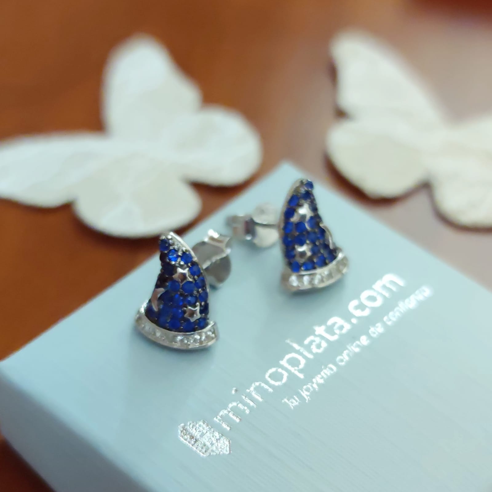 Pendientes gorro magia de Plata de ley con Circonitas azules 3