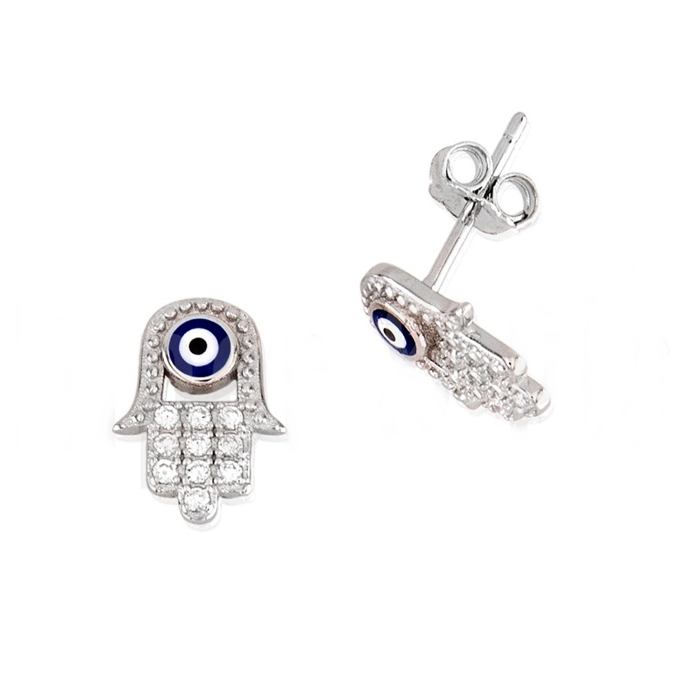 Pendientes mano de Fátima de Plata rodiada y Circonitas con ojo turco