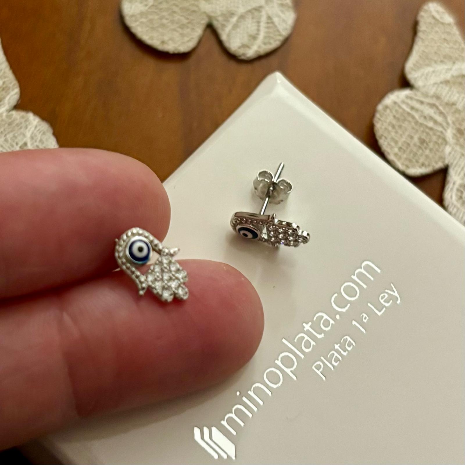 Pendientes mano de Fátima de Plata rodiada y Circonitas con ojo turco 2