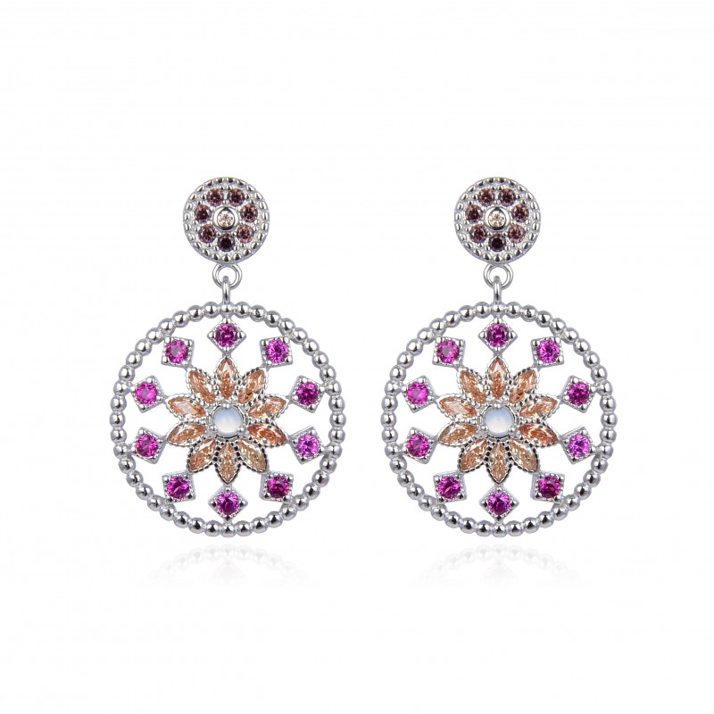 Pendientes círculo en Plata rodiada y piedras multicolor
