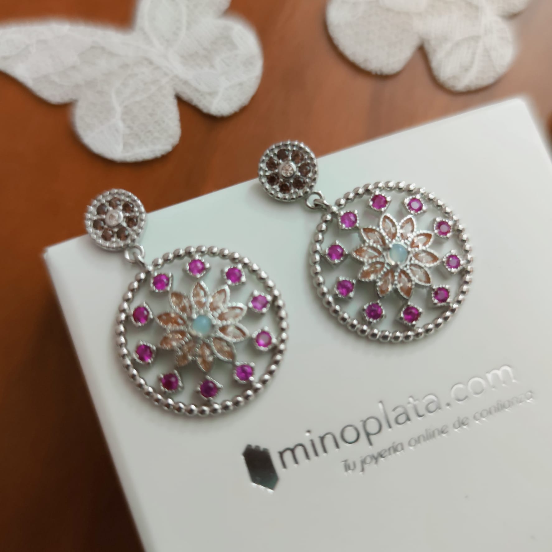 Pendientes círculo en Plata rodiada y piedras multicolor 2
