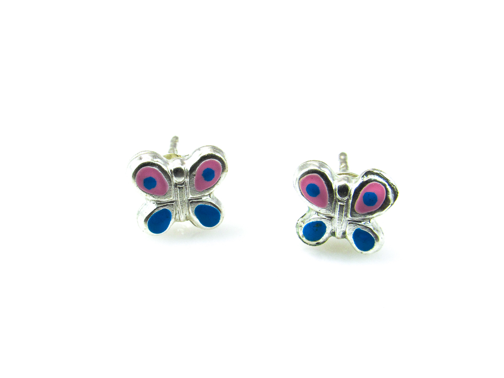 Pendientes para niña mariposa de Plata con esmalte rosa y azul