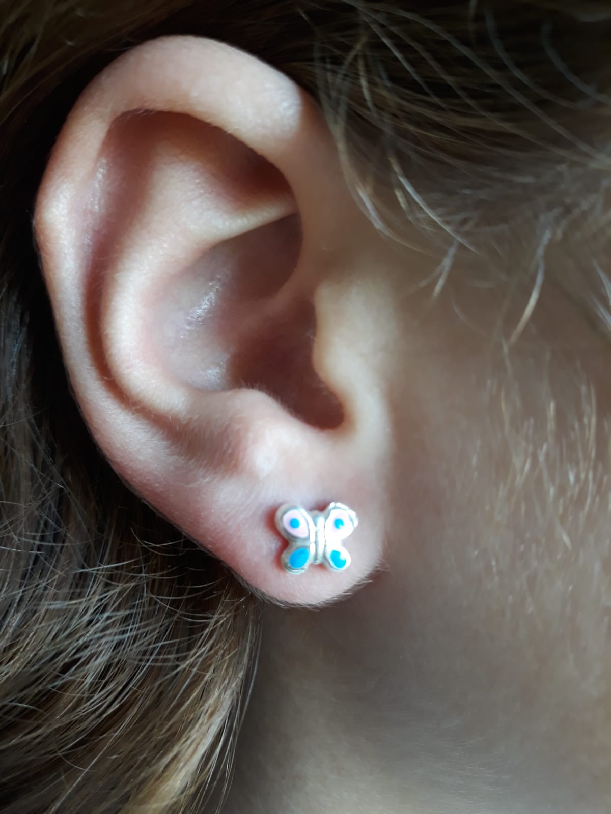 Pendientes para niña mariposa de Plata con esmalte rosa y azul 1