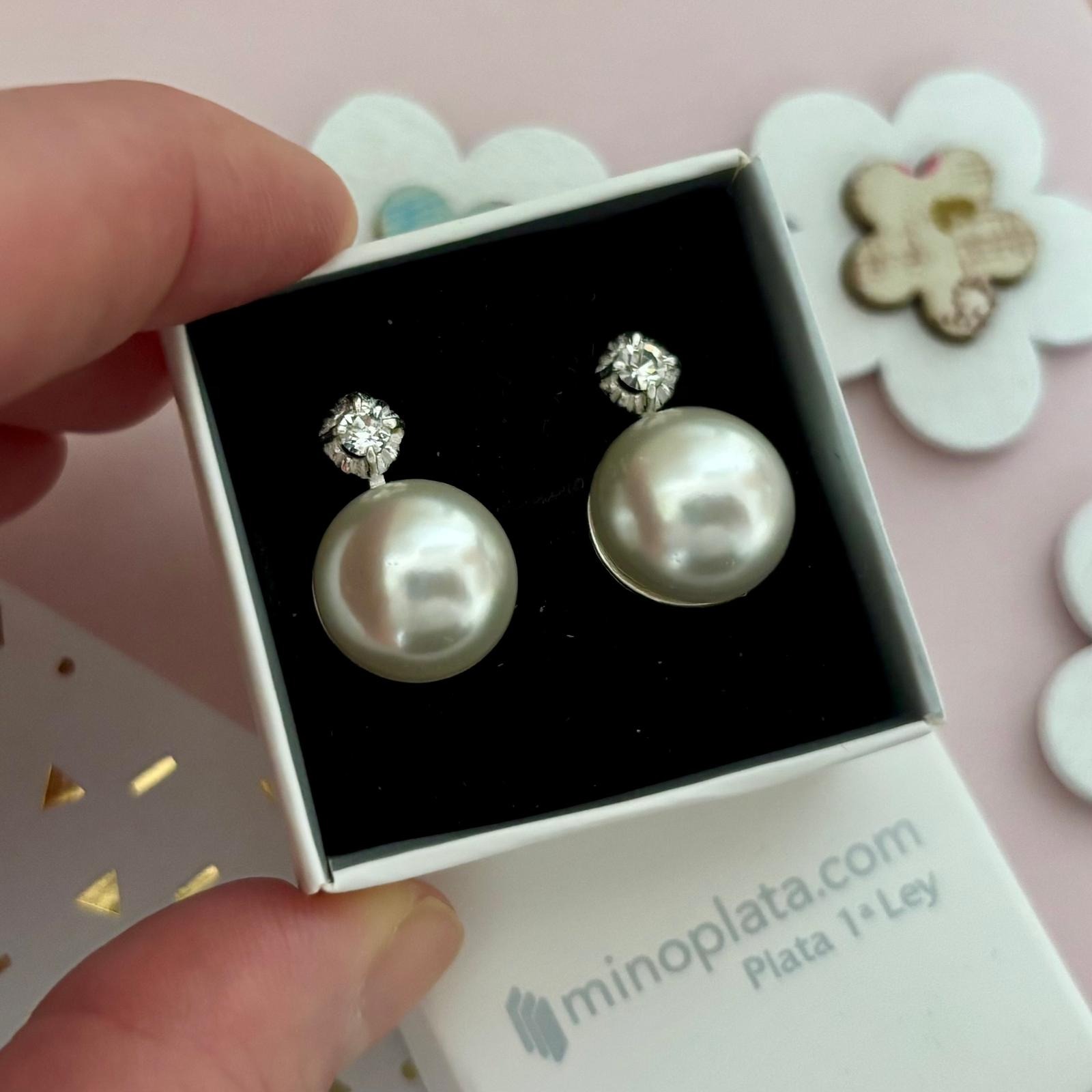 Pendiente Perla japonesa 14 Mm. en Plata de ley Circonita 2