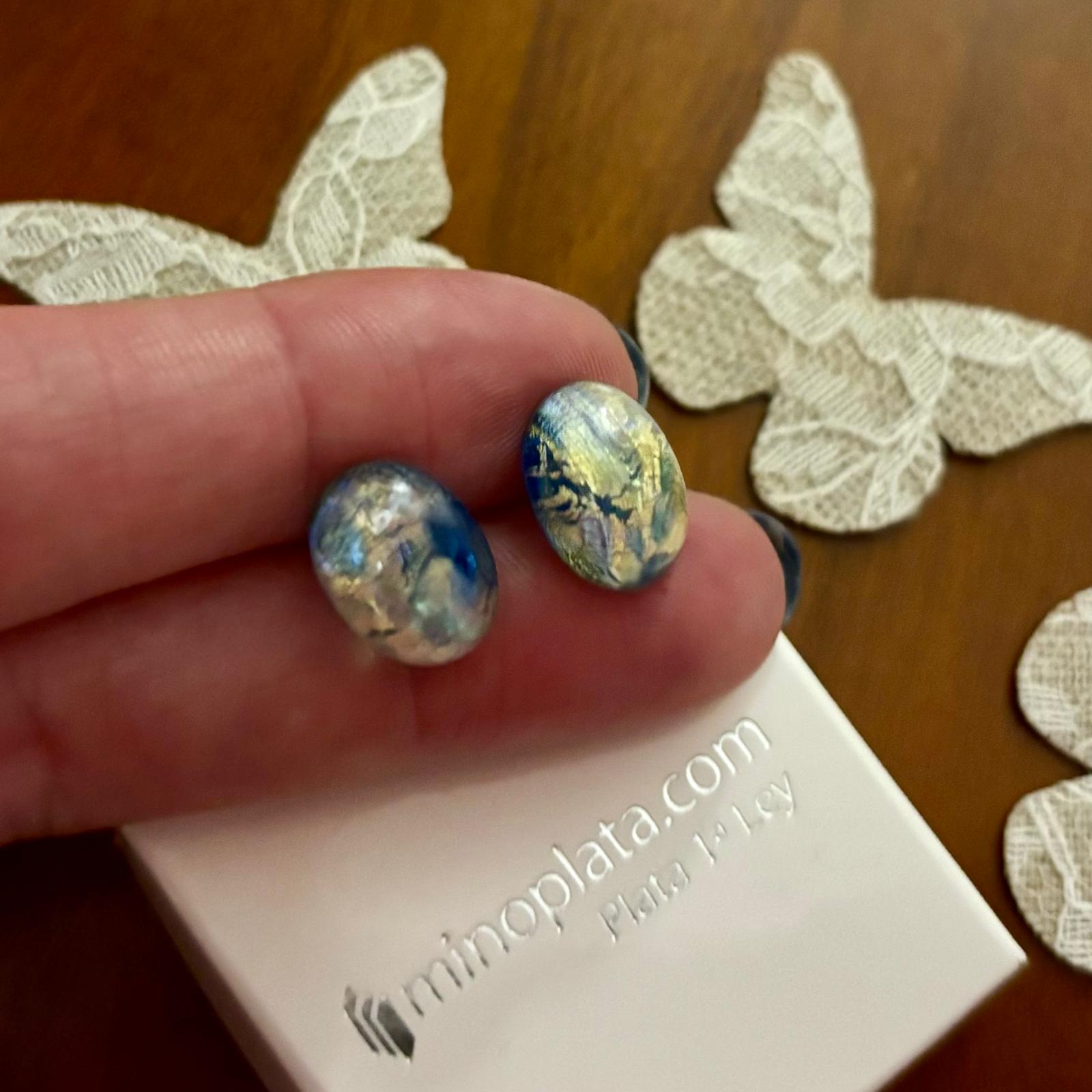 Pendientes cristal Checo azul y dorado en Plata de ley