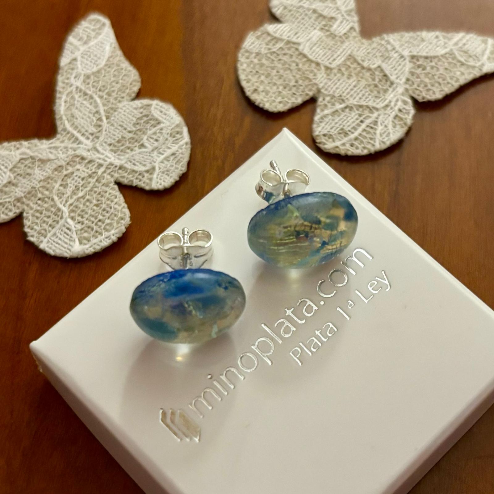 Pendientes cristal Checo azul y dorado en Plata de ley 2