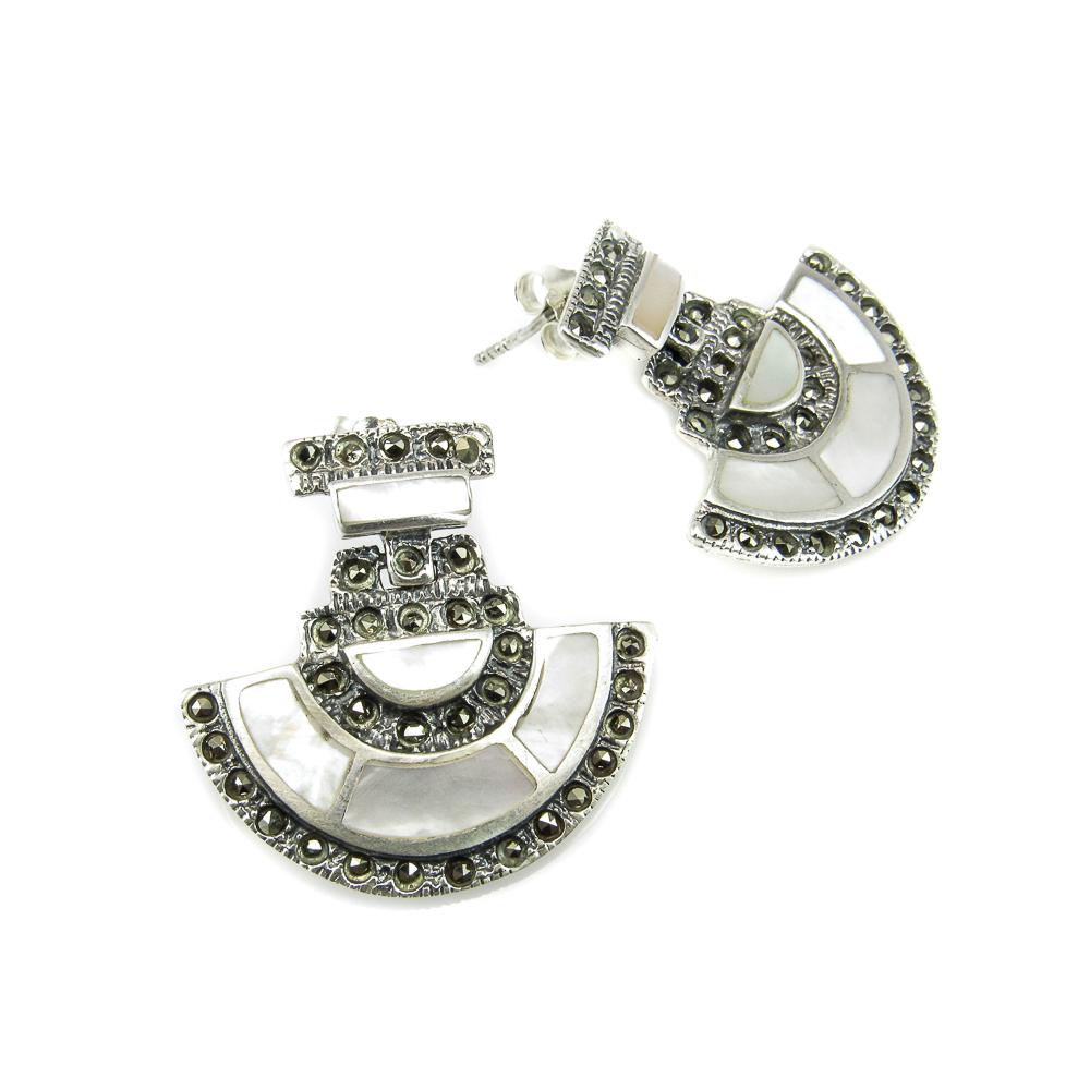 Pendientes abanico de Plata vieja con Nácar y Marcasitas