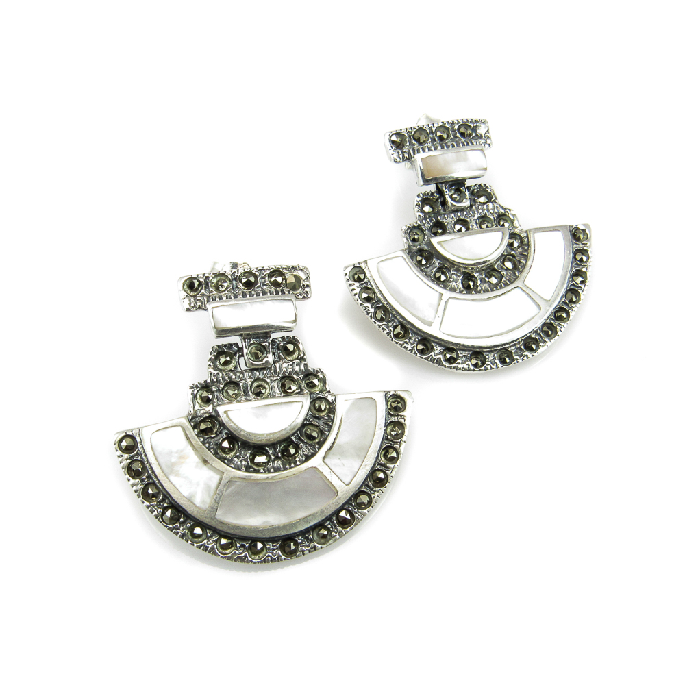 Pendientes abanico de Plata vieja con Nácar y Marcasitas_1