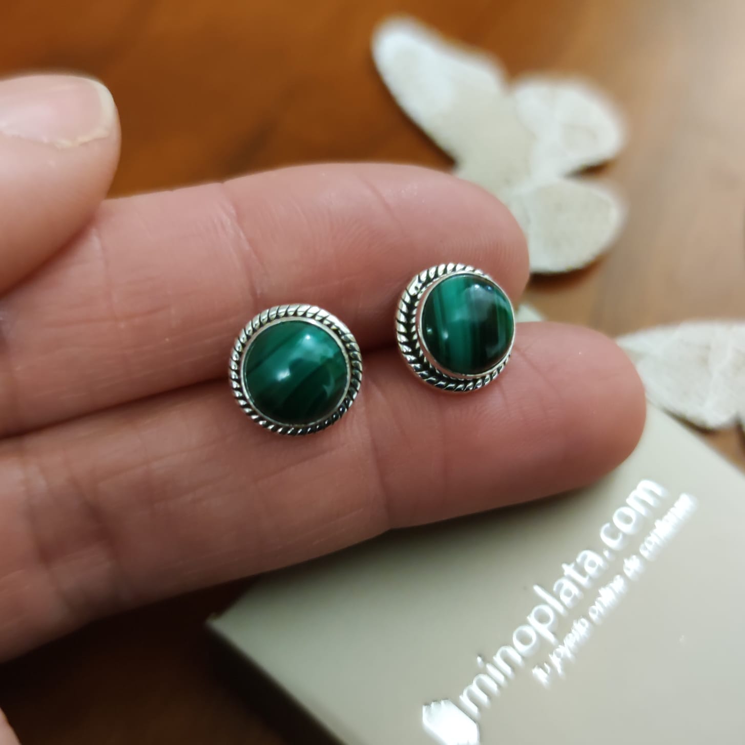Pendientes de Plata vieja con piedra verde Malaquita 3