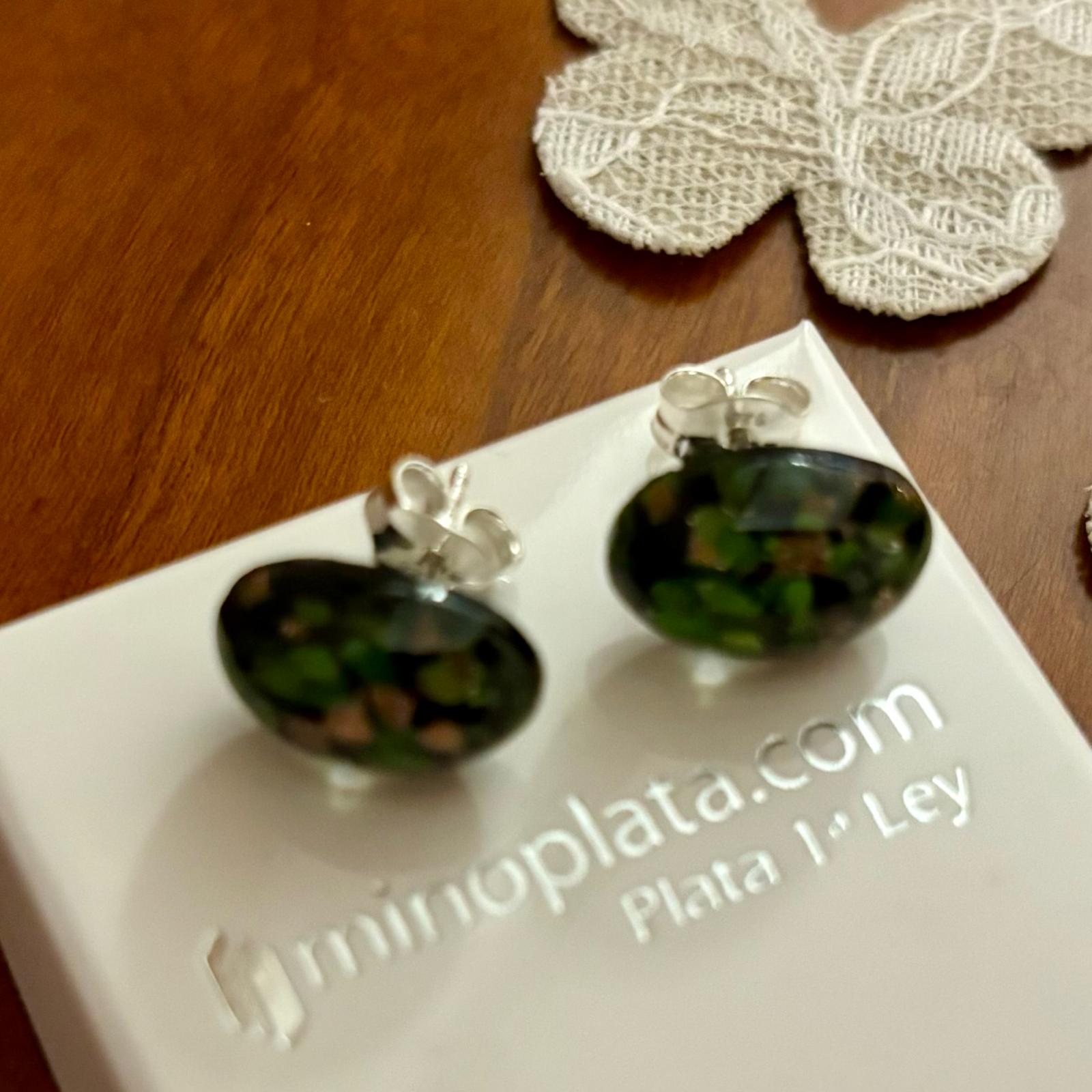 Pendientes cristal Checo negro y verde en Plata de ley