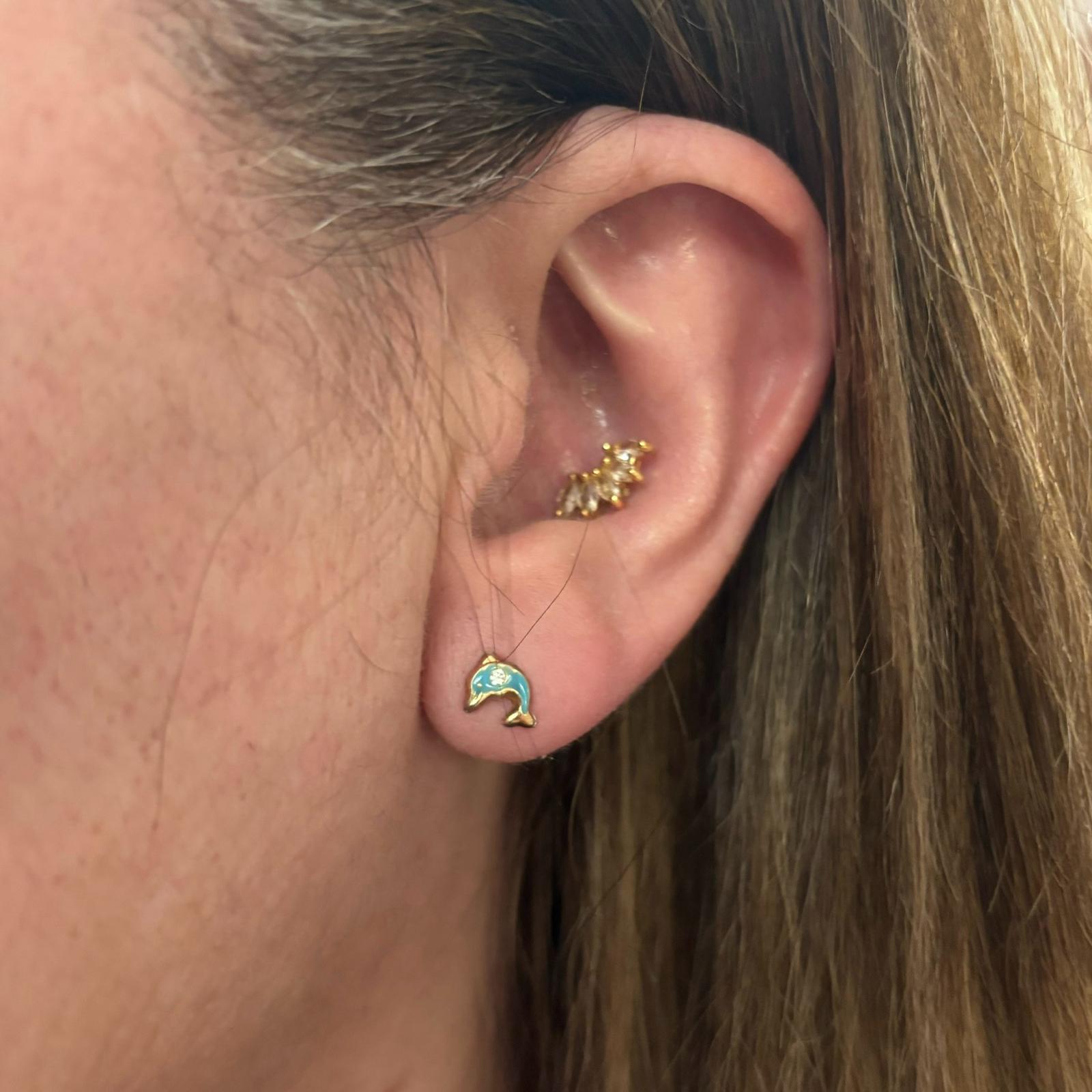 Pendientes delfín azul de Plata de ley chapada en oro con cierre tuerca rosca 3