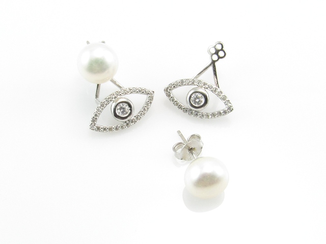 Pendientes ojo turco dobles de Plata, Perla y Circonitas