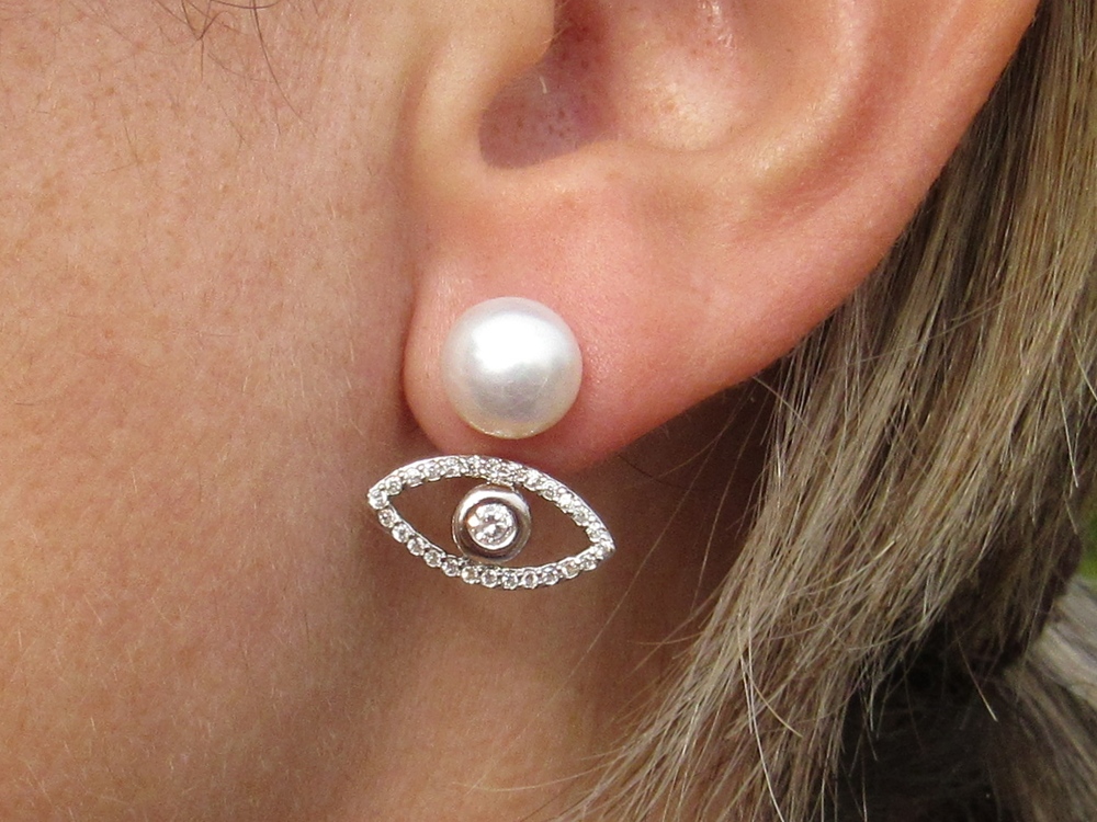 Pendientes ojo turco dobles de Plata, Perla y Circonitas 1