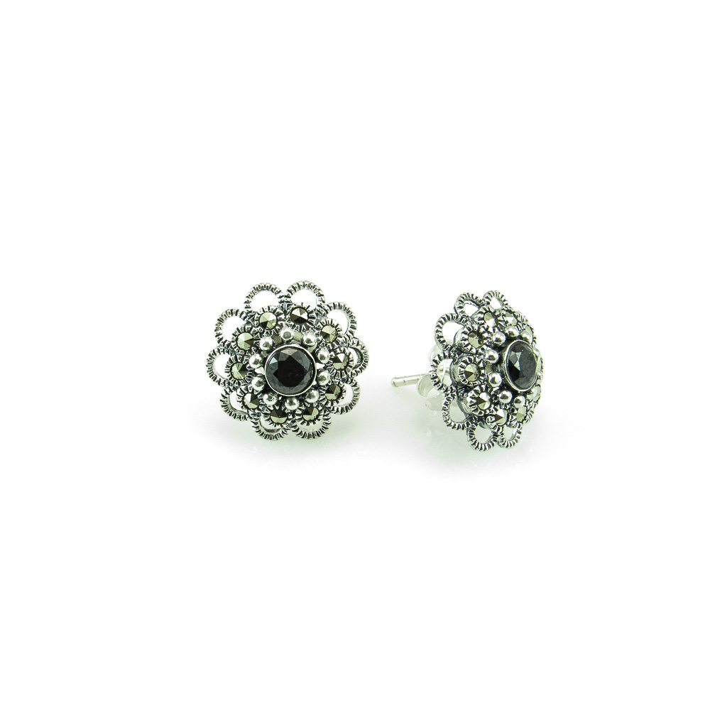 Pendientes flor calada de Plata vieja con Marcasitas 1