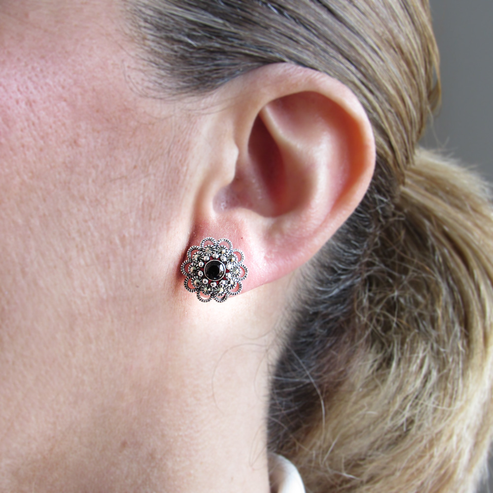 Pendientes flor calada de Plata vieja con Marcasitas 2