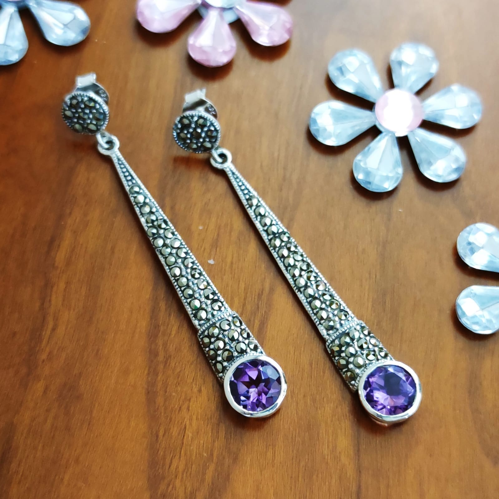 Pendientes largos Amatista y Marcasitas en Plata de ley vieja