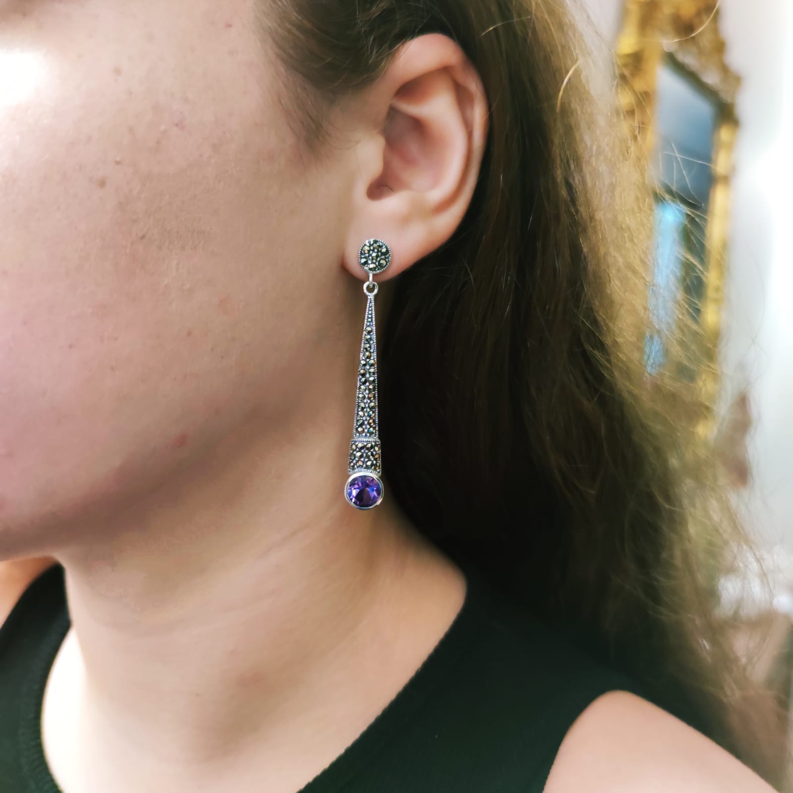 Pendientes largos Amatista y Marcasitas en Plata de ley vieja 1