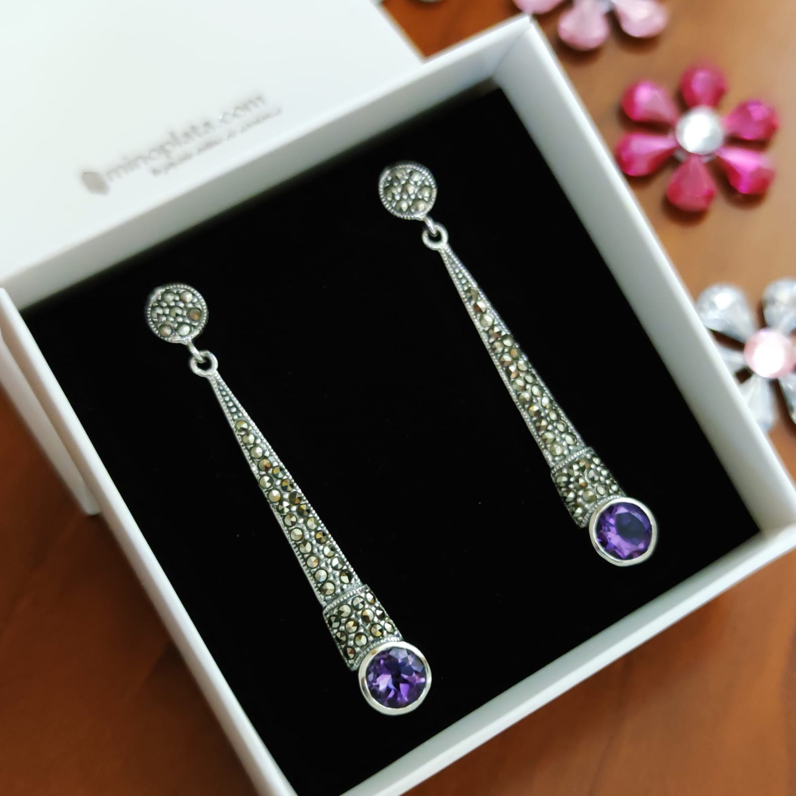 Pendientes largos Amatista y Marcasitas en Plata de ley vieja 3