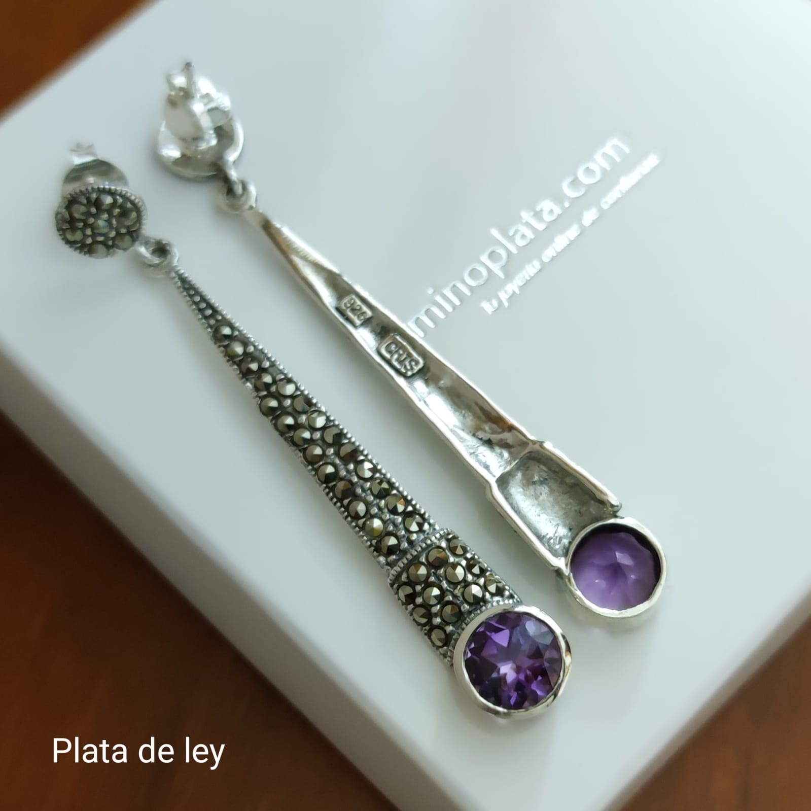 Pendientes largos Amatista y Marcasitas en Plata de ley vieja 4