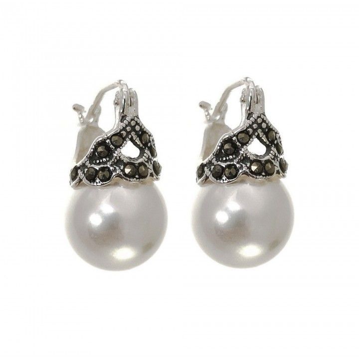 Pendientes reina de Plata vieja con Marcasitas y Perlas shell