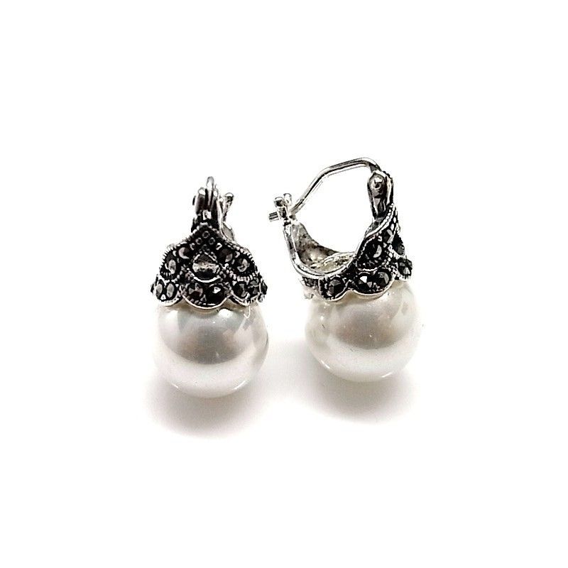 Pendientes reina de Plata vieja con Marcasitas y Perlas shell 1