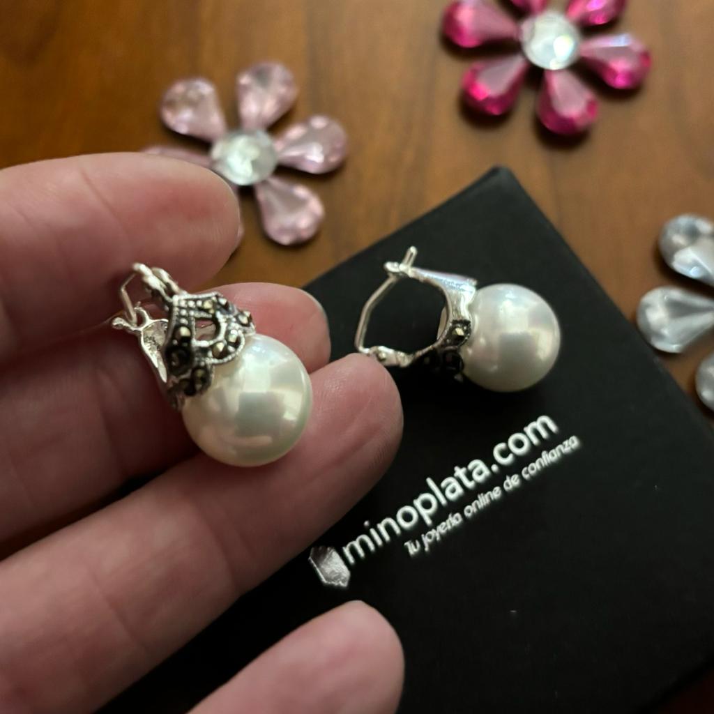 Pendientes reina de Plata vieja con Marcasitas y Perlas shell 2