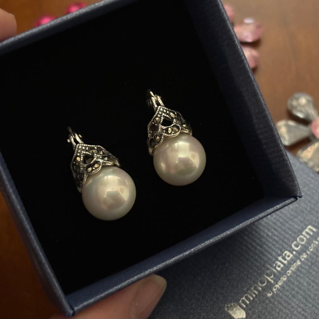Pendientes reina de Plata vieja con Marcasitas y Perlas shell 3