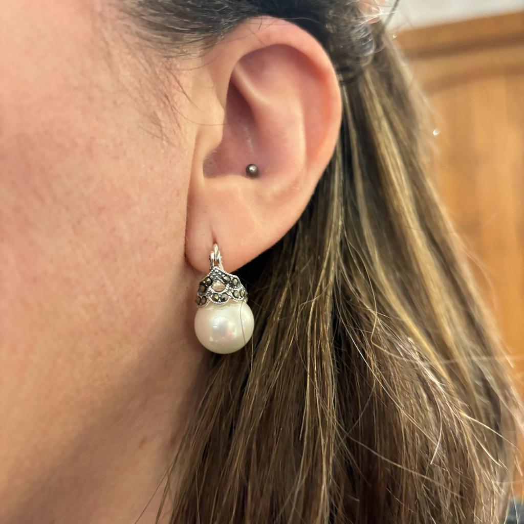 Pendientes reina de Plata vieja con Marcasitas y Perlas shell 4