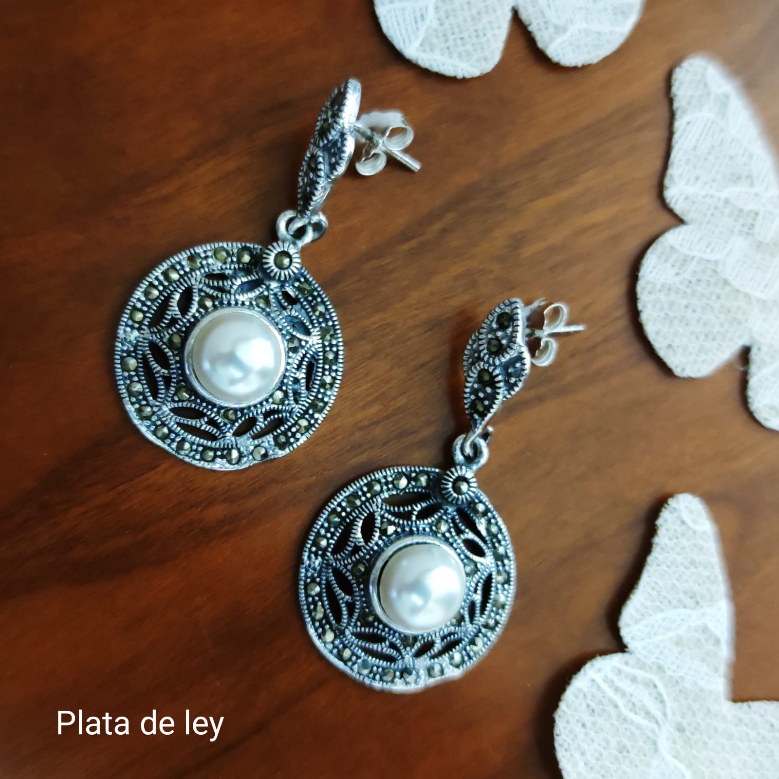 Pendientes calados Perlas cultivadas y Marcasitas en Plata vieja