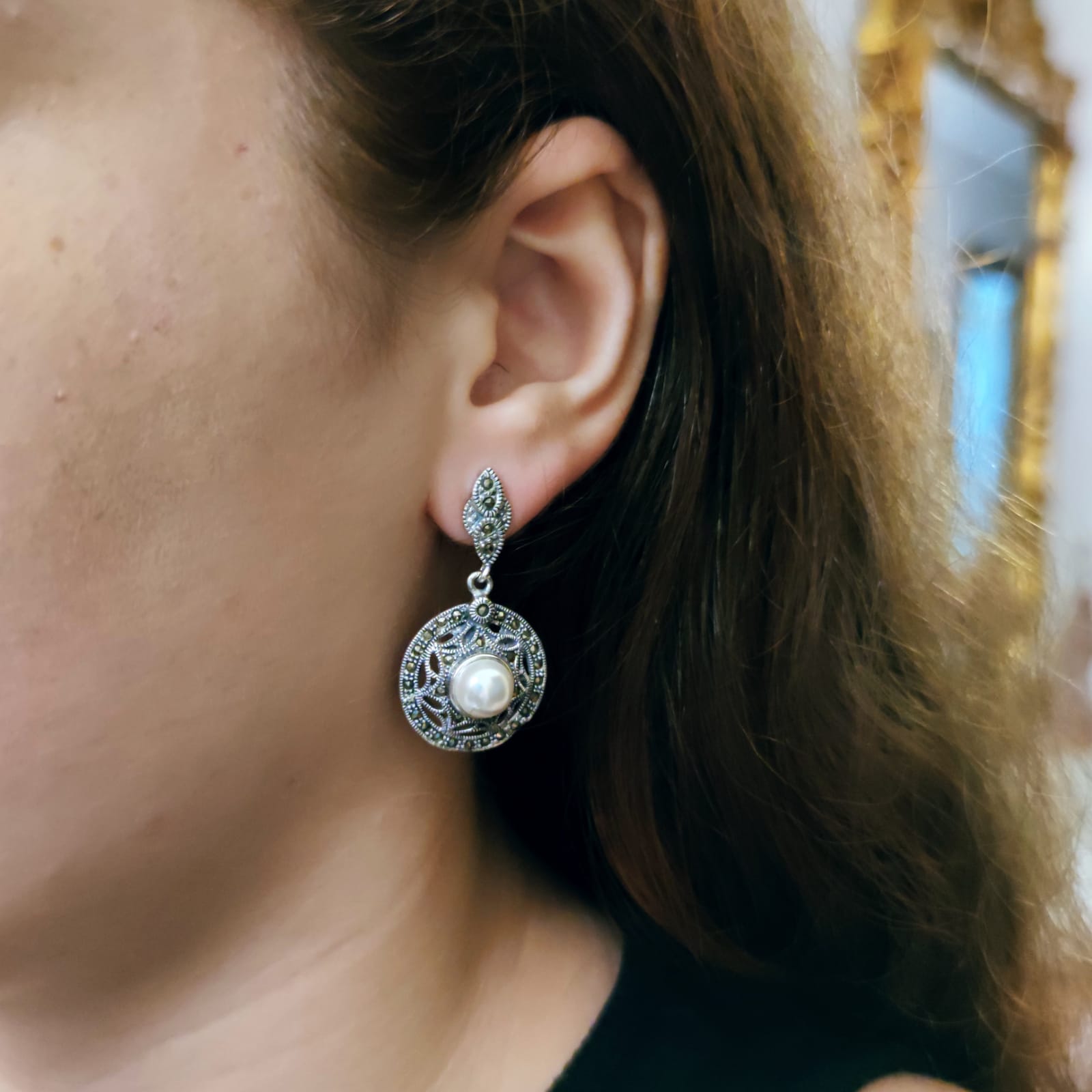 Pendientes calados Perlas cultivadas y Marcasitas en Plata vieja 4
