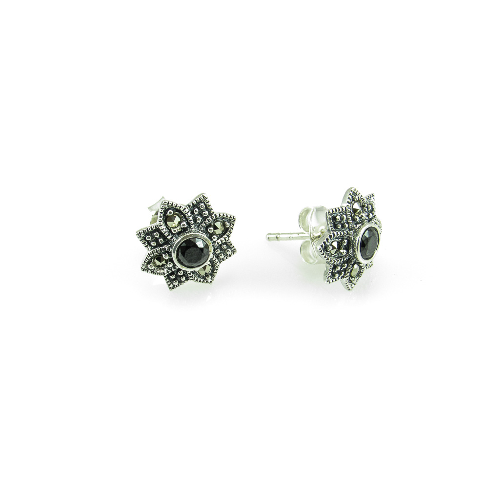 Pendientes mujer en Plata vieja y Marcasitas con piedra negra 1