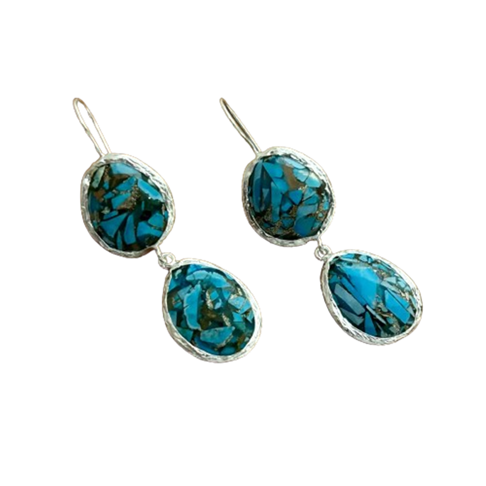 Pendientes largos piedra natural turquesa en Plata de ley 925