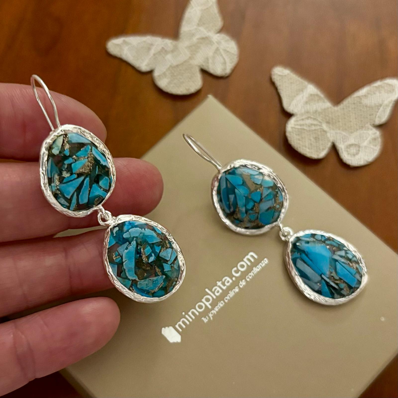 Pendientes largos piedra natural turquesa en Plata de ley 925 1